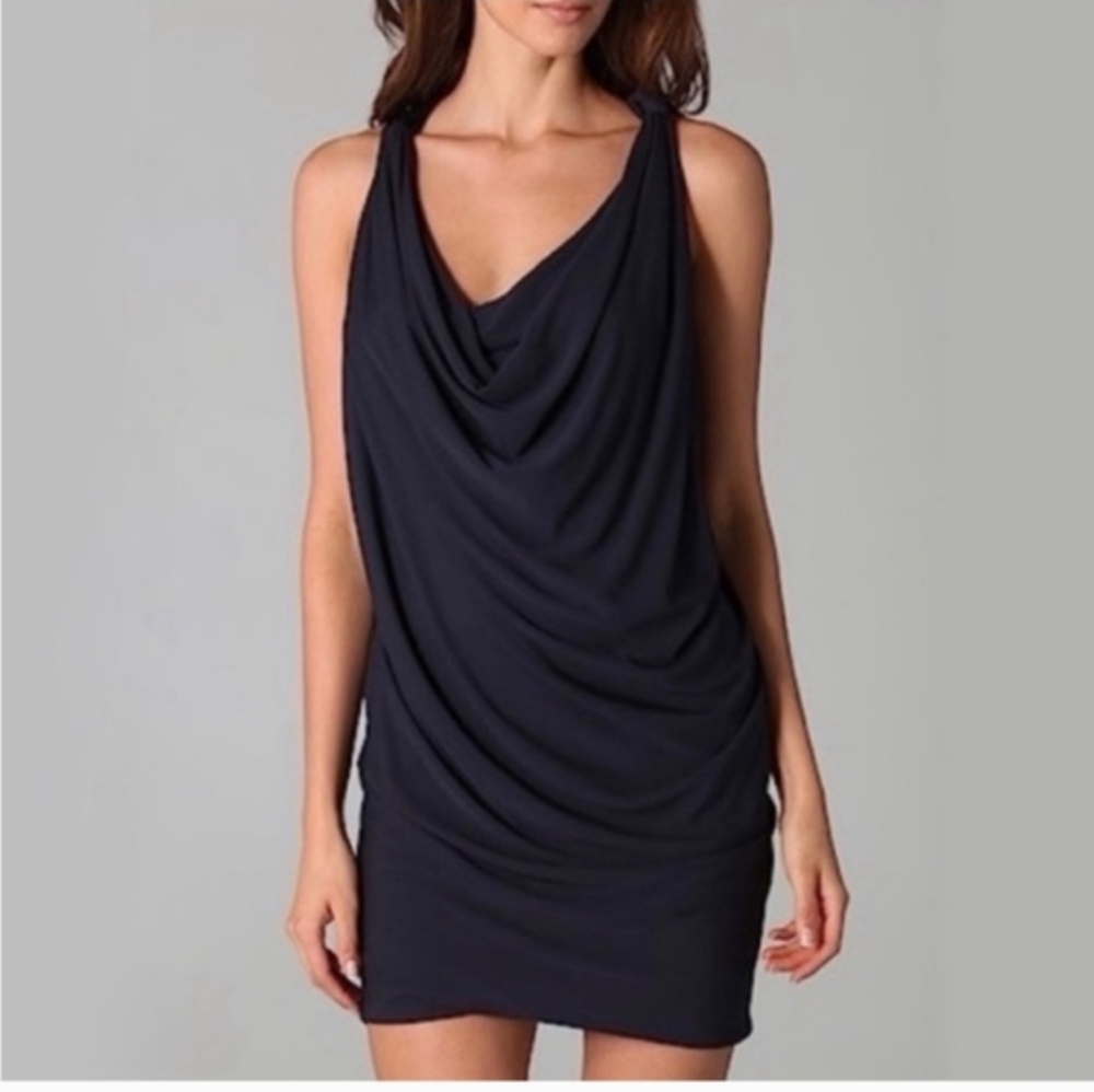 Cut25 by Yigal Azrouel Navy Blue Black Draped Cowl Neck Twisted Back Mini Dress